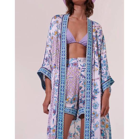 NEW POUPETTE ST BARTH long kimono erica in white blue botanique - Picture 2 of 3
